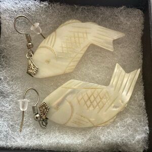 Handcarved Fish Earrings in Mother of Pearl and Silver